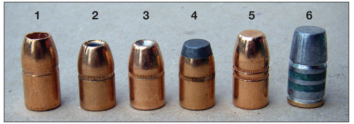 Many bullets have been designed specifically for the .454 Casull. Examples include a (1) Barnes 250-grain XPB, (2) Hornady 300 XTP MAG, (3) Speer 300 Gold Dot HP, (4) Sierra 300 JSP, (5) Barnes 325 Buster FN PB and a (6) Oregon Trail 360-grain True Shot WNFP GC.